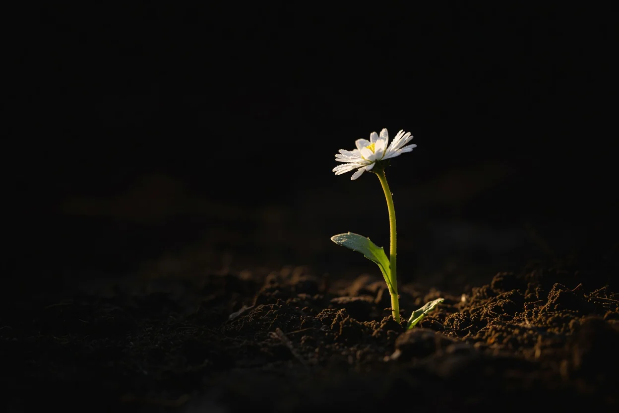 A single daisy growing from dark soil in a shaft of light.