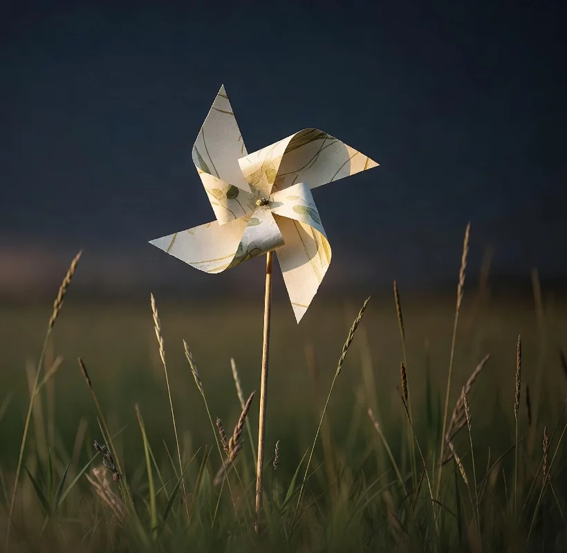 A child's paper pinwheel standing in tall grass at dusk, catching the last of the light.